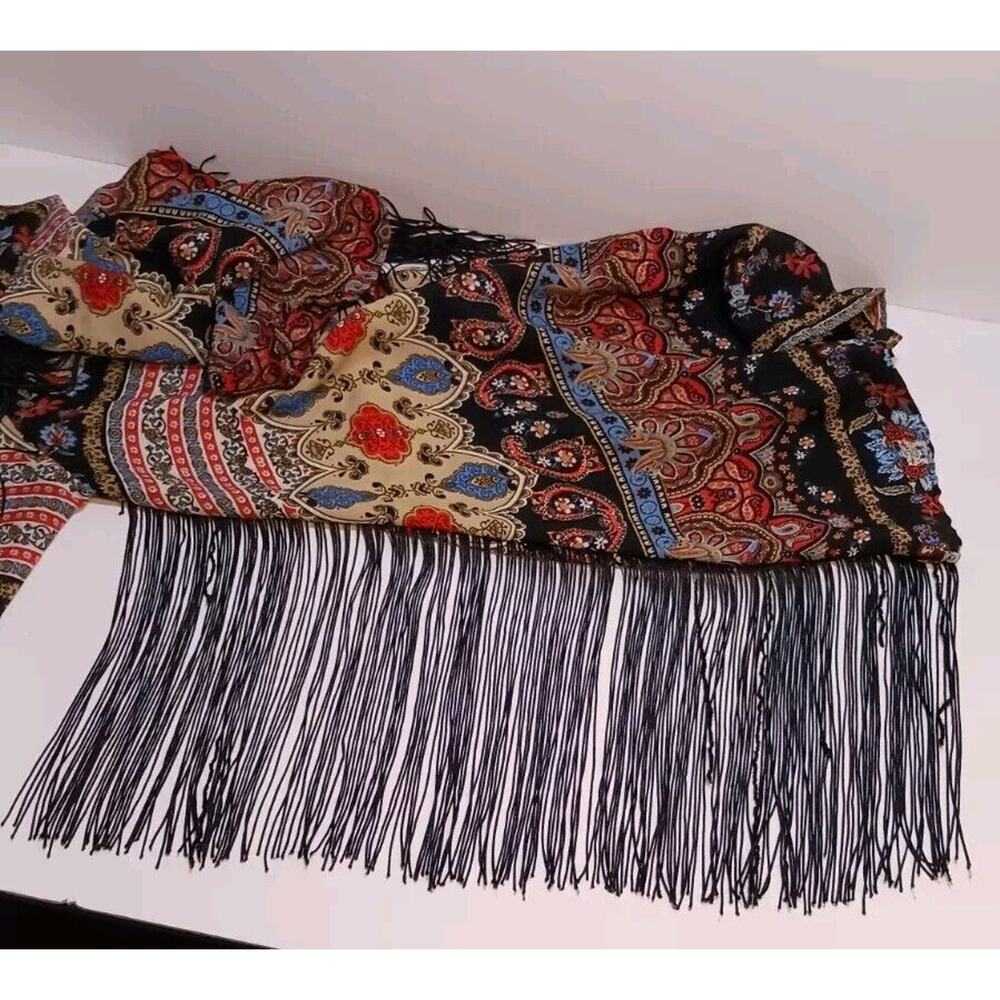 See You Monday Womens Medium Paisley Long Sleeve Black Fringed Cropped Top Boho - Picture 9 of 10